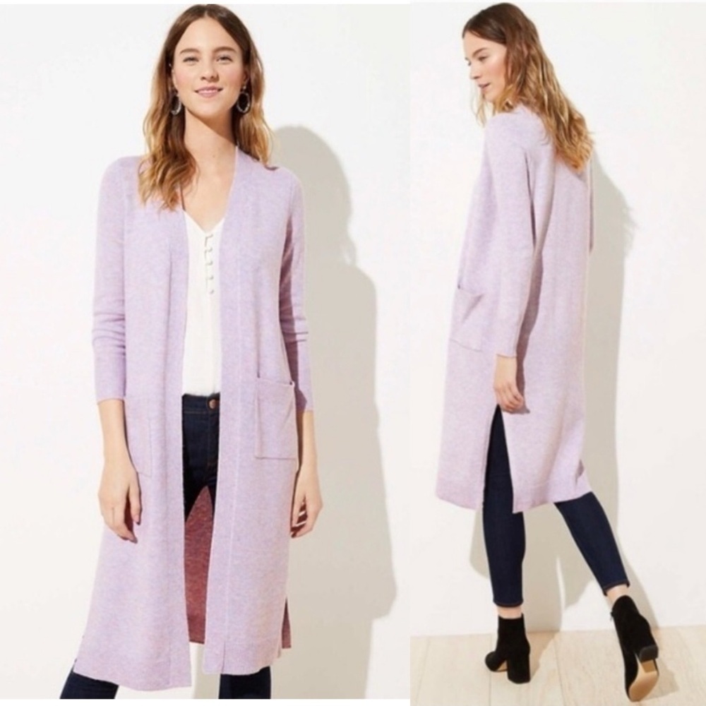 LOFT Open Front Long Knit Cardigan Spacedye Lavender NWT Size Small